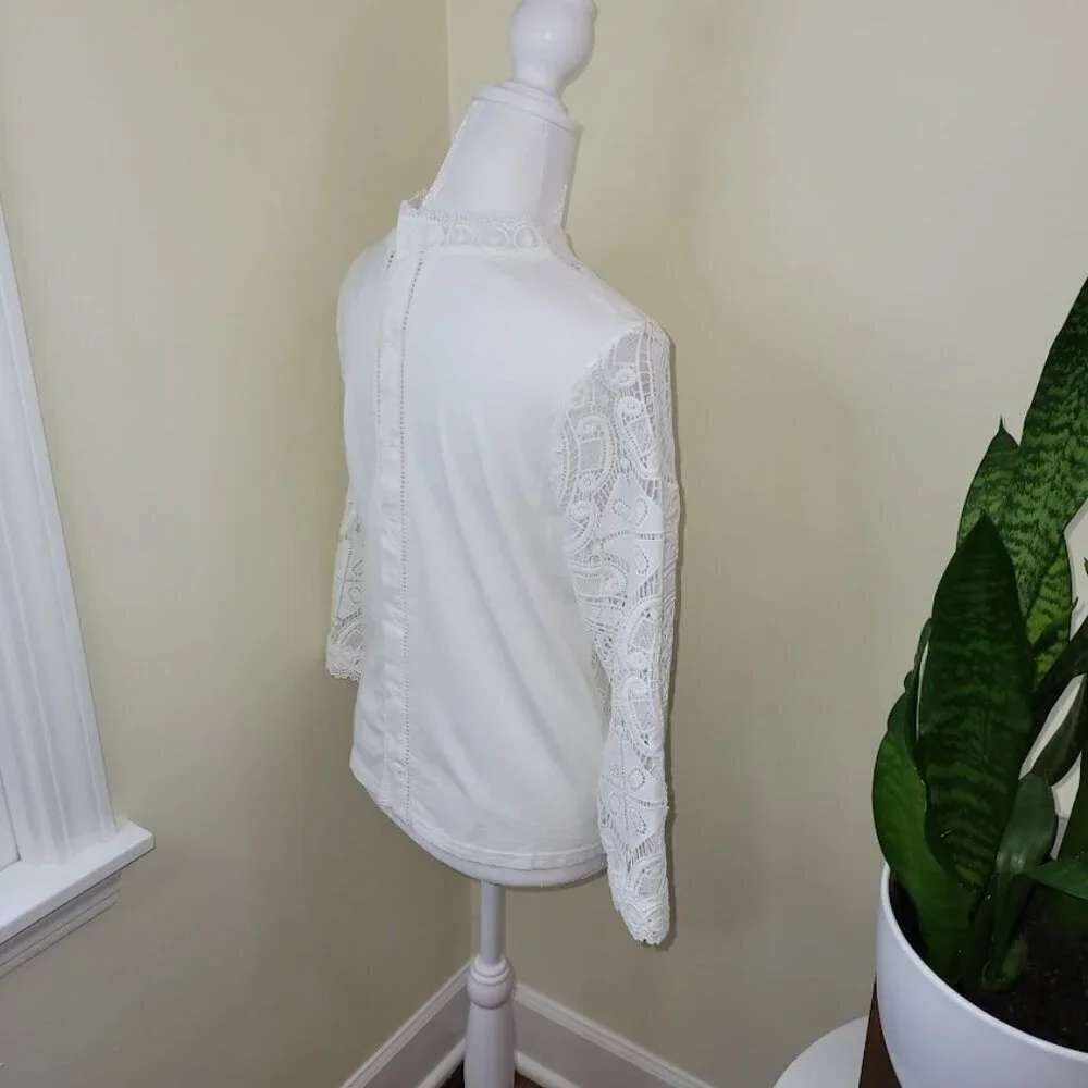 Anthropologie James Coviello Medallion Lace Front  Mock Neck Ivory Blouse SZ SP - Picture 6 of 12